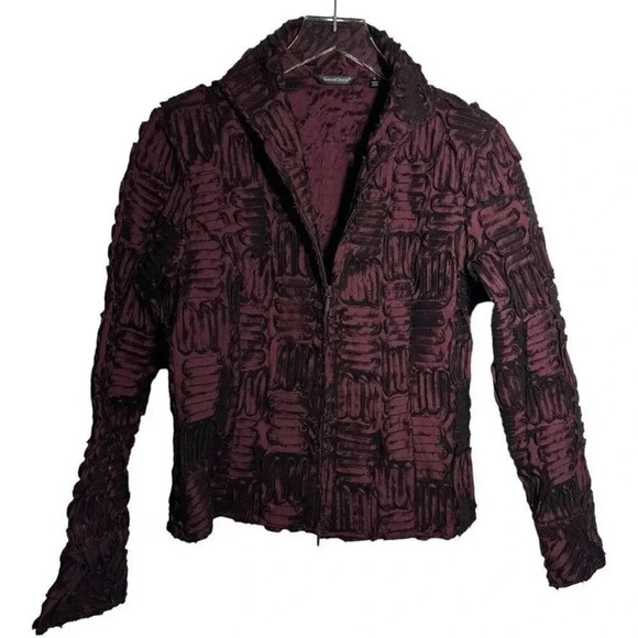 SAMUEL DONG Maroon Burgundy Swirl Rosette Zip Front Jacket Size Medium - Picture 2 of 11